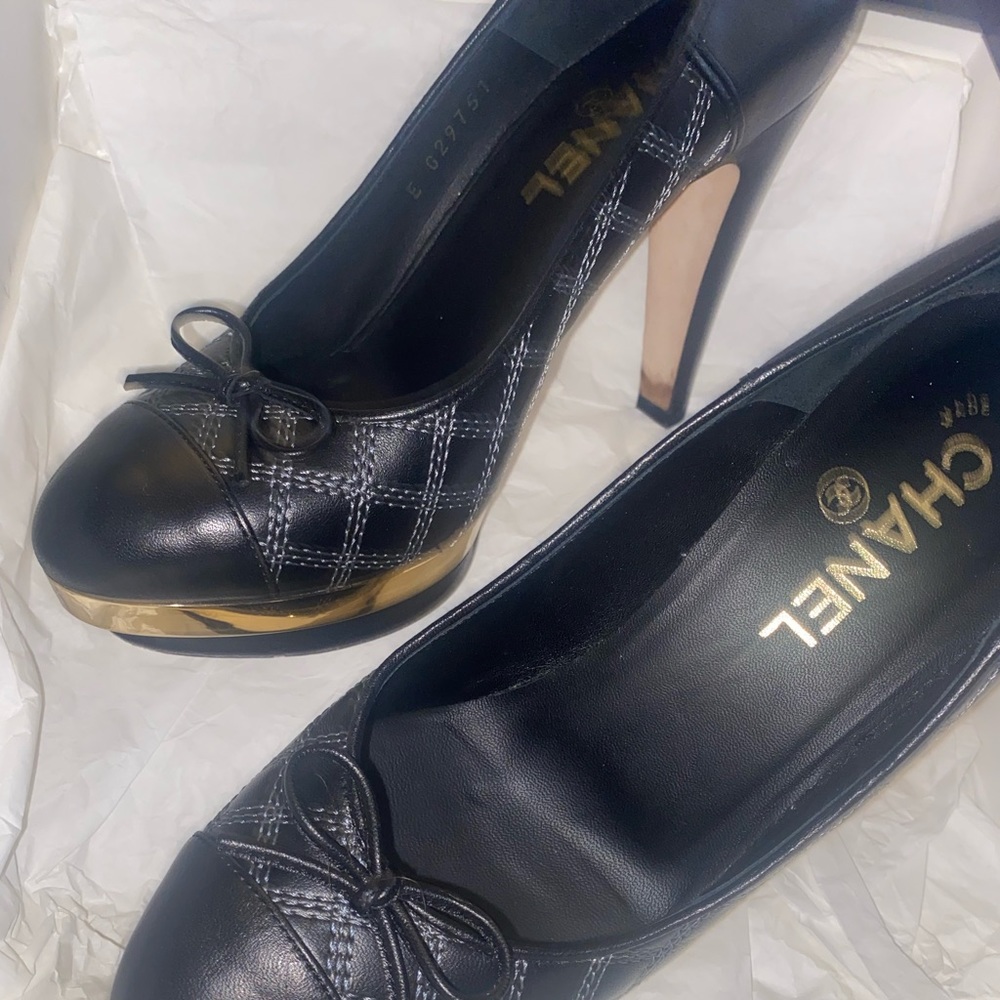 Authentic black Chanel heels with mini bow